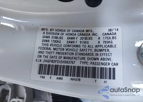2014 Honda Civic Lx from USA, damaged, VIN 2HGFB2F51EH543767